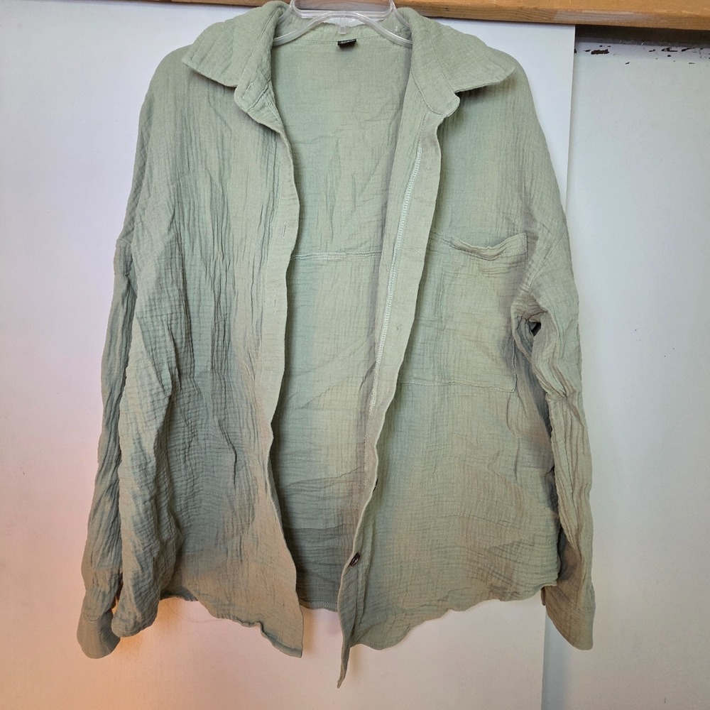 Shein Women's Button Down Green Top Size M Casual Cotton Layers Textured